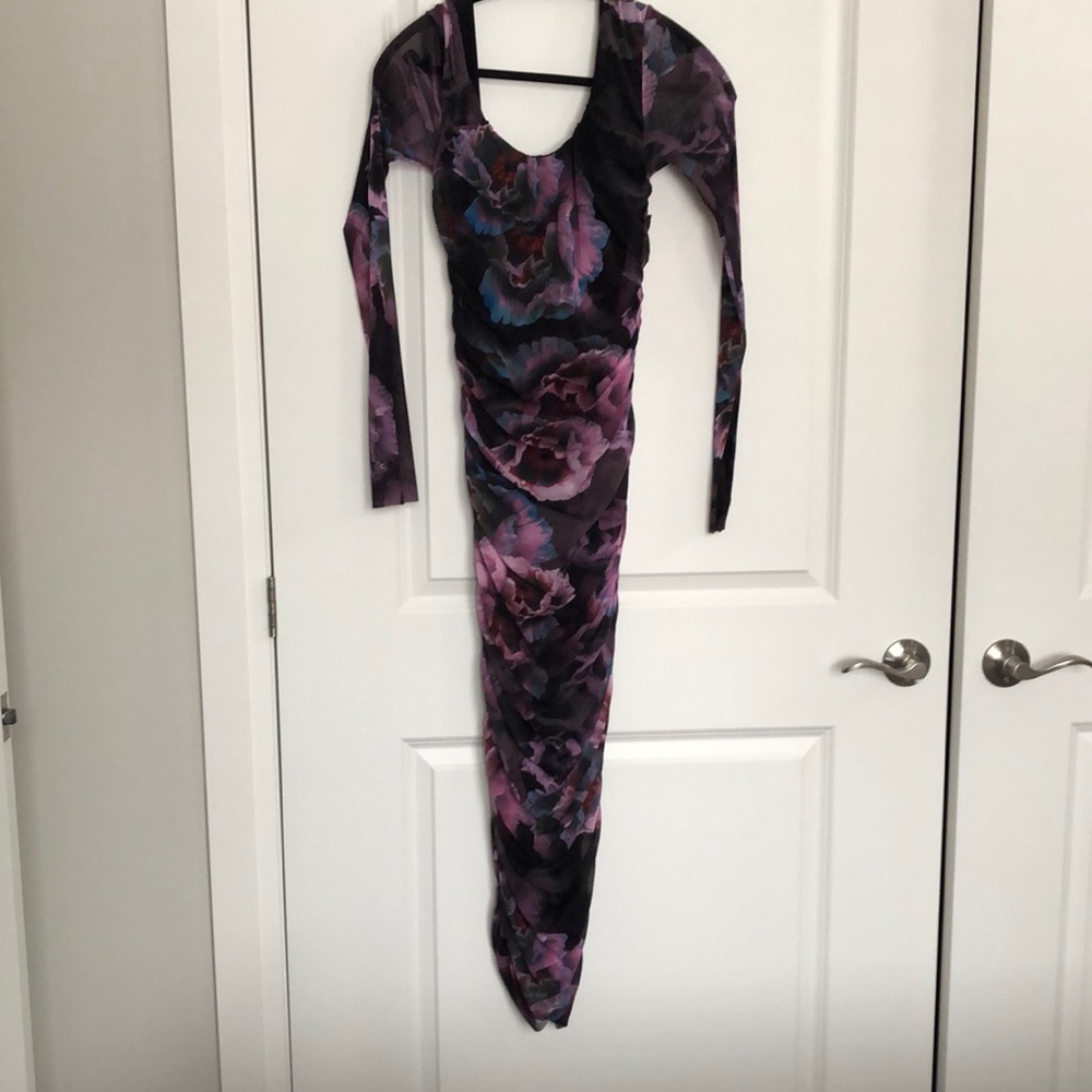 [L]FUZZI Floral ruched sheer long sleeved stretch body designer dress💥💥